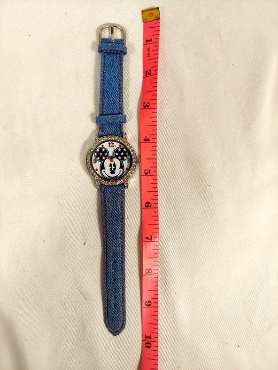 NOS Disney Red, White, & Blue Rhinestone Mickey Watch Denim & Leather Japan
